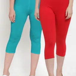 Gracit Red & Aqua Blue Mid Rise Capris - Pack Of 2-image-98