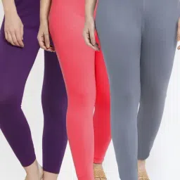 Gracit Grey & Peach Mid Rise Leggings - Pack Of 3-image-97