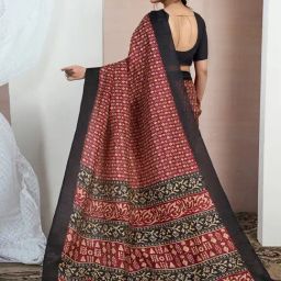 Satrani Red Silk Blend Printed Saree With Unstitched Blouse image 4