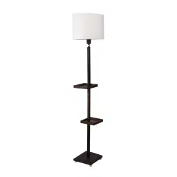 This Sanded Edge Offwhite Miller Double Shelf Floor Lamp in Solid Wood with Walnut Color Base-28