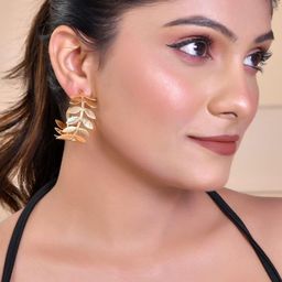 DressBerry Stainless Steel Gold Plated Artificial Stone & Beaded Hoop Leaf Shaped Earrings image 4