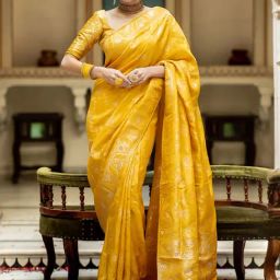 Anjaneya Sarees Yellow Silk Woven Saree With Unstitched Blouse-image-103