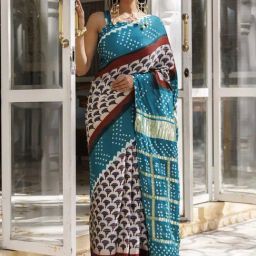 Geroo Jaipur Green Ajrakh Handblock Bandhani Silk Saree With Zari Gharchola Pallu-image-92