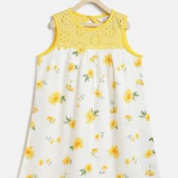 Campana Girls White and Yellow Cotton Floral Dress-image-29