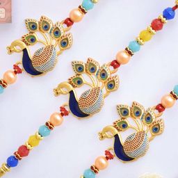 MEIRA JEWELLERY Set Of 3 Peacock Design Rakhi With Greeting Card Gift Set-image-70