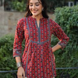 Rain and Rainbow Maroon Cotton Floral Print A Line Kurti-image-54