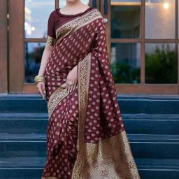 Satrani Maroon Woven Saree With Unstitched Blouse-image-46