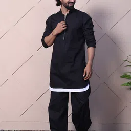 MIDAV Mandarin Collar Front Zipper Pure Cotton Pathani Kurta-46