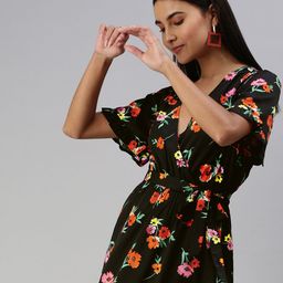 EVERYDAY by ANI Women Black & Red Floral Wrap Dress-image-94