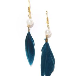 OOMPH Teal Blue & Off-White Feather-Shaped Handcrafted Drop Earrings-0