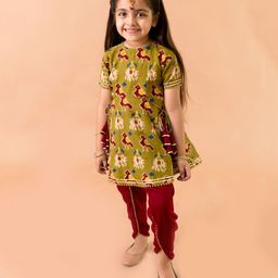Fairies Forever Half Sleeves Kalamkari Print Kurta With Dhoti - Green-image-33