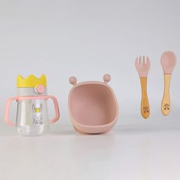 Starkiddo Star Buddy Silicone Bowl with Easy Grip Handle Spoon Fork and Crown Shaped Sipper Cup for Babies and Toddlers-   Pink-2