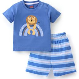 Babyhug Cotton Half Sleeves Night Suit Lion & Stripes Print- Blue-image-25