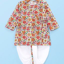 Babyhug Cotton Woven Printed Angarakha Full Sleeves Kurta & Dhoti Set - Red & White-image-43