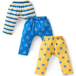 Babyhug Interlock Knit Full Length Diaper Legging Stripes & Star Print Pack of 3 - Yellow White & Blue-image-43