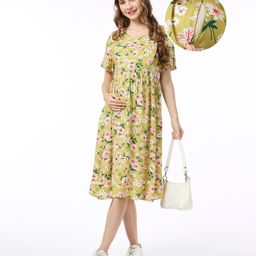 Bella Mama Women Short Sleeves Maternity Dress With Pocket Flower Print - Green-image-53