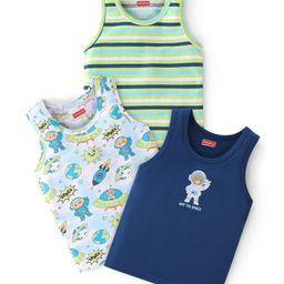 Babyhug 100% Cotton Sleeveless Sando Astronaut Print Pack Of 3 - Green & Blue-image-27