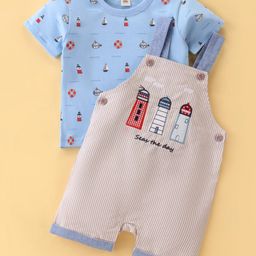 ToffyHouse 100% Cotton Dungaree with Half Sleeves T-Shirt Boats Printed - Beige & Blue-image-16