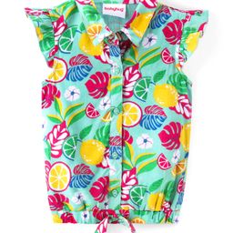 Babyhug Rayon Woven Half Sleeves Shirt Styled Knot Top With Frills Tropical Theme Print - Light Green-image-7