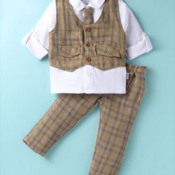 Child World Cotton Knit Full Sleeves Checkered 3 Piece Party Suit with Tie - Olive Green-picture-19