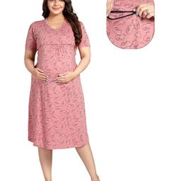 Fabme Pure Cotton  Half Sleeves Cats Printed Nighty With Concealed Zipper Nursing Access  - New York Pink-image-18
