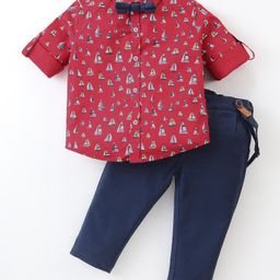 ToffyHouse Poplin Woven Full Sleeves Boat Printed Party Shirt & Trouser Set With Bow & Suspender - Navy Blue-image-30