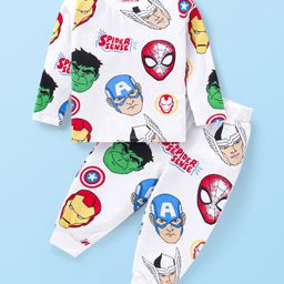 Babyhug Marvel Single Jersey Knit Full Sleeves Night Suit With Avengers Graphics - White-image-19