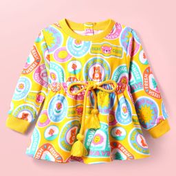 Babyhug Cotton Knit Full Sleeves Winter Frock With Animal & Floral Print - Mustard-image-73