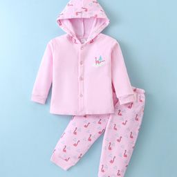 Tango Fleece Knit Full Sleeves Hooded Front Open Winter Wear Night Suit With Dinosaurs Print - Pink-image-10