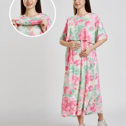 True Shape Embosis Hosiery Half Batwing Sleeves Tie Dye & Floral Printed Maternity Poncho Dress With Nursing Access - Pink-image-2