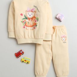 BUMZEE Cotton Full Sleeves Teddy Bear Printed Coordinating Sweatshirt & Joggers Set - Peach-image-91