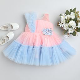 Many frocks & Sleeveless Floral Applique Detailed & Stones Embellished Dress - Peach & Blue-image-19
