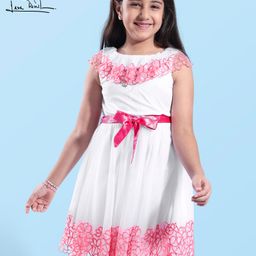 Arias Mesh Woven Sleeveless Fit & Flare Party Dress with Floral Embroidery - White & Pink-image-49