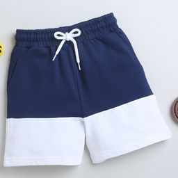 BUMZEE Cotton Woven Above Knee Length Color Block Solid Color Cut & Sew Shorts - Navy Blue & White-image-90
