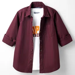 Pine Kids 100% Cotton Woven Full Sleeves Solid Colour Shirt With T-Shirt - Maroon-picture-36