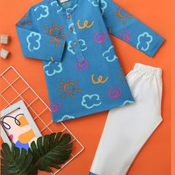 Desi Soota Cotton Full Sleeves Clouds & Sun Printed Coordinating Kurta Pyjama Set - Blue-image-56
