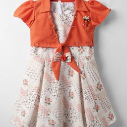 Enfance Floral Printed Pleated Knee Length Dress With Half Flutter Sleeves Shrug - Orange-image-96