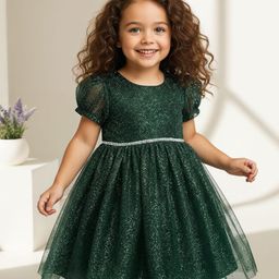 Babyhug Woven Puffed Half Sleeves Flared Glitter Dress With Rhinestones detailing on Waist - Dark Green-picture-49