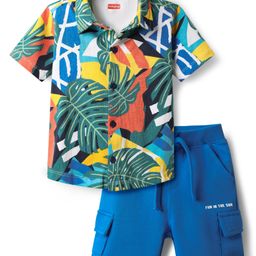 Babyhug Single Jersey Knit Half Sleeves Shirt & Short Set With Tropical Theme Print - Green & Blue-image-44