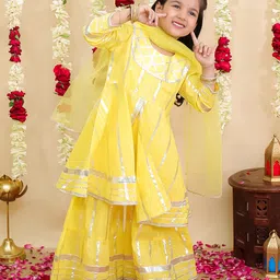 BownBee Pure Cotton Lurex Woven Three Fourth Sleeves Foil Striped Gota Lace Embellished Coordinating Kurti Sharara With Dupatta Set - Yellow-picture-38