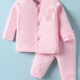 Zero Knitted Full Sleeves Night Suit With Animal Print - Pink-picture-5