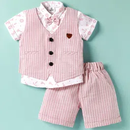 Mini Taurus Sinker Knit Woven Half Sleeves Three Piece Party Suit Set with Nautical Theme Print & Bow Applique - White & Pink-picture-24