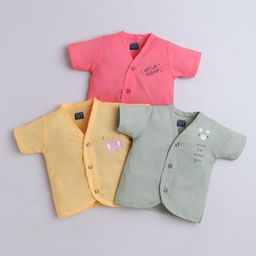 Polka Tots Cotton Woven Pack Of 3 Half Sleeves Typography & Animal Face Printed Jhablas - Pink Yellow & Light Green-image-4