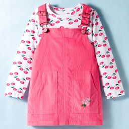Under Fourteen Only Floral Embroidered Pinafore Dress With Full Sleeves Cherries Printed Tee - Peach-picture-38