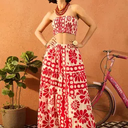 Pink Paprika by SASSAFRAS Printed Pure Cotton Off Shoulder Crop Top & Skirt Co-Ords-picture-50