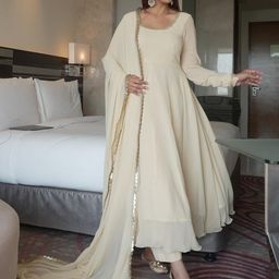 CaniBani Women Off White Georgette Kurta & Trousers With Dupatta-picture-16
