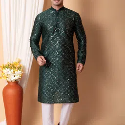 NFC CREATION Embroidered Mandarin Collar Straight Sequinned Dupion Silk Kurta With Pyjamas-78