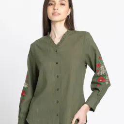 SHAYE Olive Green V-Neck Embroidered Full Sleeves Casual Shirt For Women-image-80