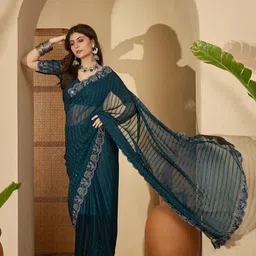 Dori Embellished Sequinned Detail Pure Georgette Saree with Scallop Border-picture-18