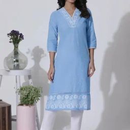W Sky Blue Cotton Printed Straight Kurta-36